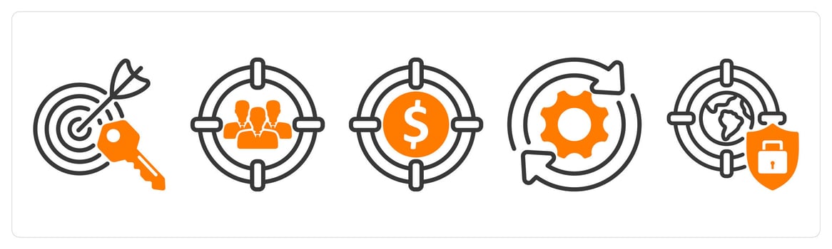 Set of five business icons as target keywords, target audience, target profit vector