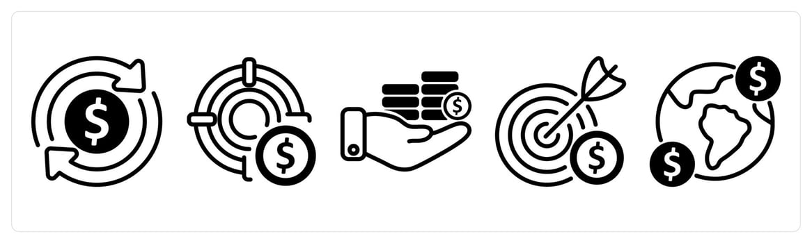 A set of five business icons as tax refund, profit target, investment vector