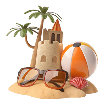 Summer Vacation Scene with Sandcastle Beach Ball Sunglasses and Palm Trees png