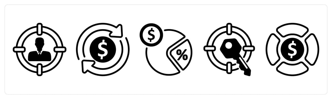 A set of five business icons as target customer, tax refund, tax rate vector