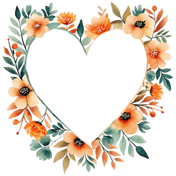 Beautiful Watercolor Heart Shaped Floral Frame with Peach and Orange Flowers and Teal Leaves png