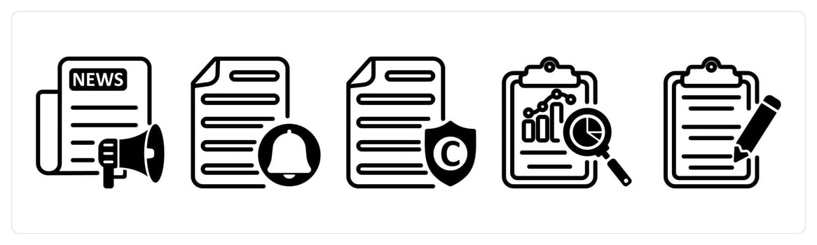 A set of five business icons as press release, file notification, copyright protection vector