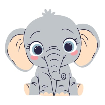 Flat illustration in a simple children's style. Cute baby elephant with big eyes on white background vector