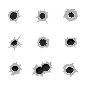 Bullet hole gun shot weapon mark silhouette, impact gun, bullet hole gunshot. Damage from shot. vector