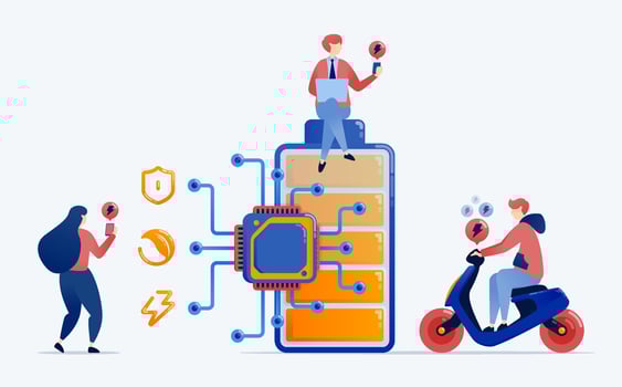 illustration of Chips or processors installed in batteries enhance energy efficiency and sustainability supporting smart power management in renewable and cloud integrated systems vector