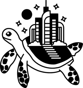 isolate black and white illustration of Big city on sea turtle vector