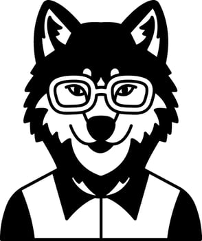 isolate black and white illustration of Wolf wearing glasses and a blue shirt vector