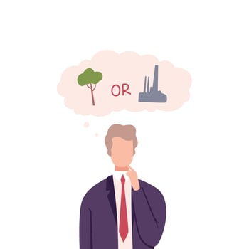 Businessman Trying to Make Decision, Environment or Industry, Guy Thinking about Environmental Protection Flat Illustration vector