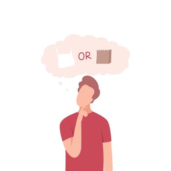 Man Trying to Make Decision, Plastic or Paper, Guy Thinking about Environmental Protection Flat Illustration vector