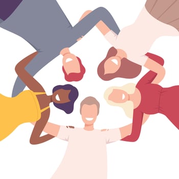 Group of Happy People Embracing Together in Circle, Low Angle View Flat Illustration vector