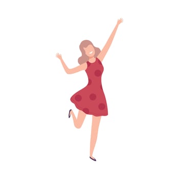 Girl in Red Dress with Raising Hands, Female Character Dancing at Party, Having Fun or Celebrating Success Flat Illustration vector