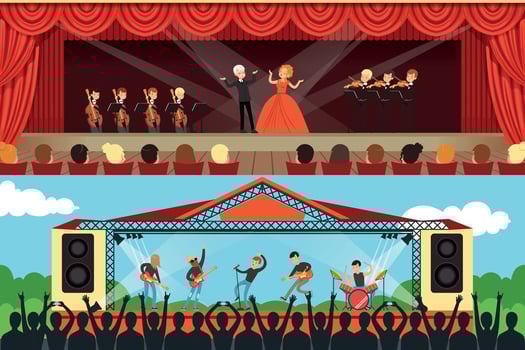 Opera Singers and Rock Band Performing on Stage in Front of Audience Illustration vector