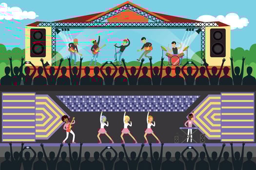 Boys and Girls Music Bband Performing on Stage in Front of Crowd Set, Silhouettes of Young Audience Coming to Concert Illustration vector