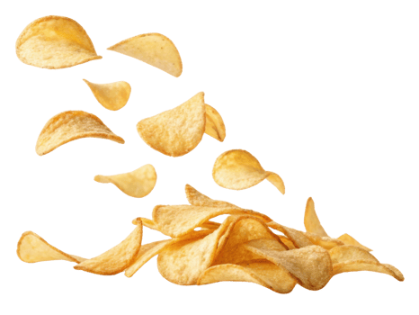 Crispy potato chips are flying in air, creating playful and dynamic scene that captures essence of snacking joy png