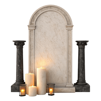 solemn gravestone surrounded by lit candles and decorative columns, creating peaceful and reflective atmosphere png