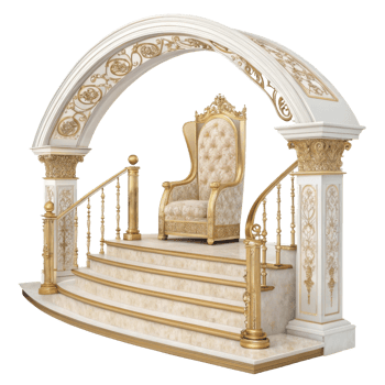 Luxurious throne with ornate details, set on grand staircase under elegant arch, exuding royal elegance and sophistication png