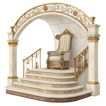 luxurious throne on grand staircase with ornate details and golden accents, exuding elegance and sophistication png