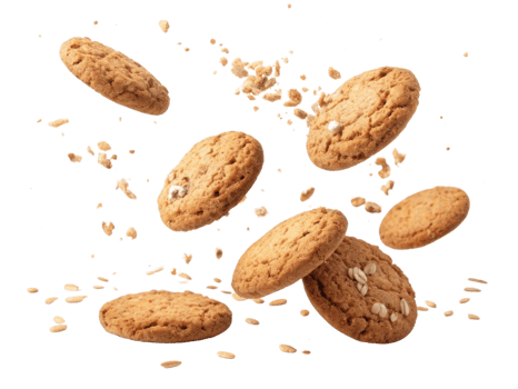 Delicious cookies falling with oats scattered around, creating delightful scene of baked treats png