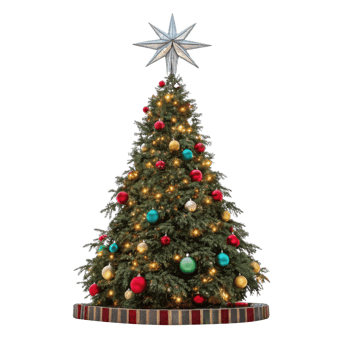 beautifully decorated Christmas tree with colorful ornaments and star on top, radiating festive cheer and warmth png