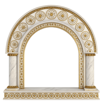 decorative arch with intricate golden details and floral patterns, made of white marble, exuding elegance and sophistication png