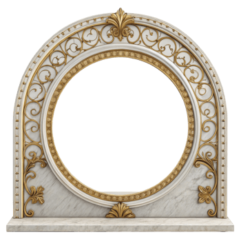 Elegant decorative mirror frame with intricate gold detailing and marble base, perfect for enhancing any interior space png