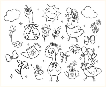 Cute Silly Goose Outline Cartoon Cottagecore Spring Hand Drawn Playful Coquette Character vector
