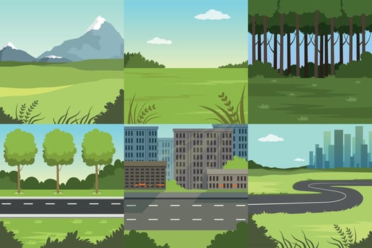 Collection of Sceneries of Urban and Natural Landscapes, Summer Backgrounds Illustration vector