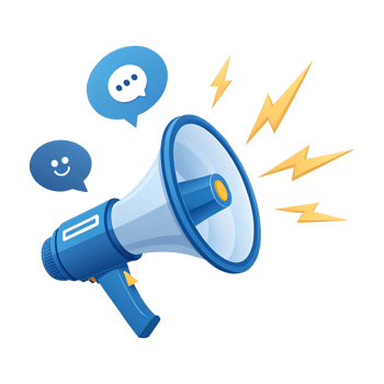 Blue Megaphone Announcing Positive News and Communication Success A cheerful illustration of digital marketing png