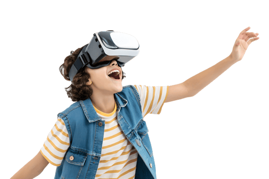Excited Boy Wearing VR Headset Experiencing Immersive Virtual Reality png