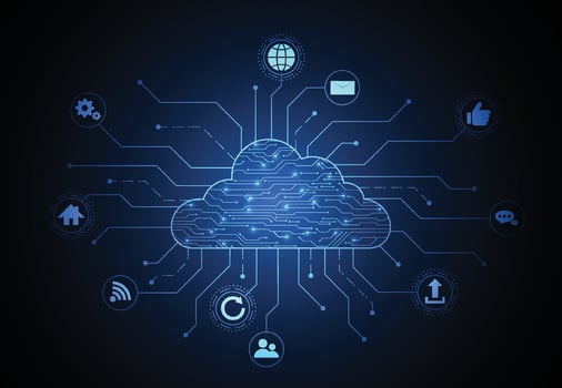 Cloud networking computing connection with internet icons concept circuit design. Digital data transform download and upload. Cloud technology network. illustration vector