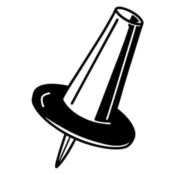 Black and white illustration of a push pin, office supply for bulletin board, stationery symbol vector