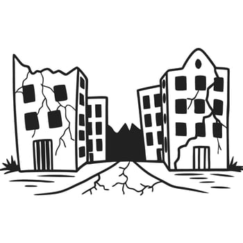 earthquake impact on urban buildings cracked structures, damaged cityscape, black and white illustration vector