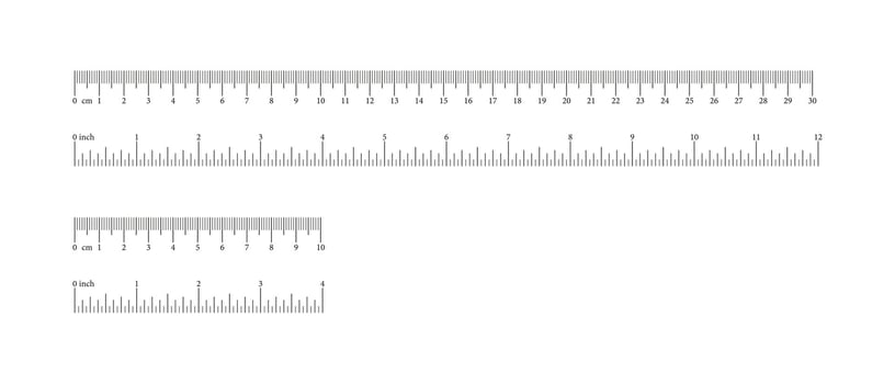 Set of inch, metric rulers. Measuring tool. Scale for ruler in centimeters, inches. Inches, centimeters measuring scales. Metrics indicator cm, inch. Measuring chart 10, 30 centimeters, 4, 12 inches. vector