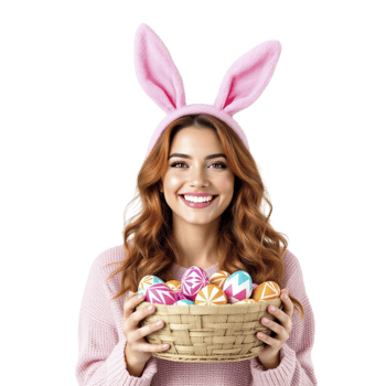 A woman in bunny ears holding a basket of colorful eggs png