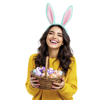 Happy woman with easter bunny ears holding a basket of colorful eggs png