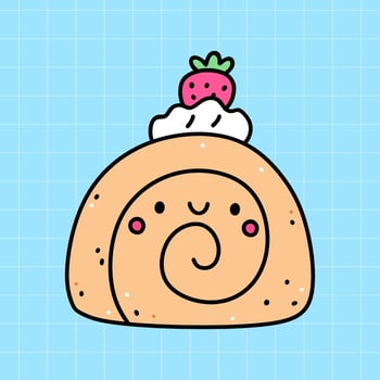 Kawaii cake roll isolated on a blue background. hand-drawn illustration in doodle style. Cute character. Perfect for cards, decorations, stickers, logo, menu, various designs. vector