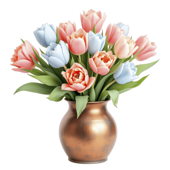 A vase filled with pink and blue tulips png