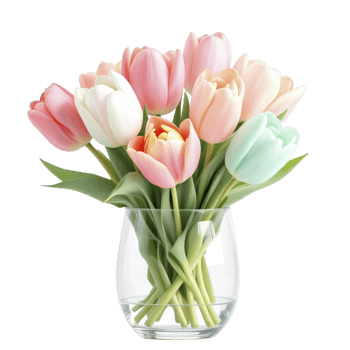 A vase filled with pink, blue and green tulips png
