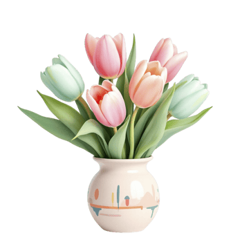 A vase with pink and green tulips in it png