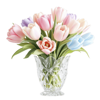 A glass vase filled with pink, blue and white tulips png
