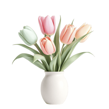 A vase with pink, green and white tulips png