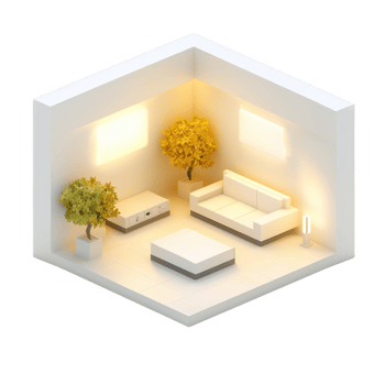 Modern, cozy living room with a white sofa, coffee table, and decorative plants, illuminated with soft, warm light, creating a tranquil atmosphere. png