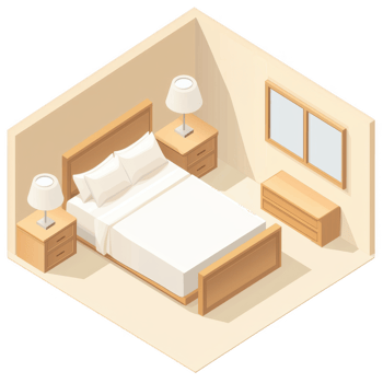 Cozy bedroom interior with a modern design featuring a double bed, bedside lamps, and a dresser against a warm wall png