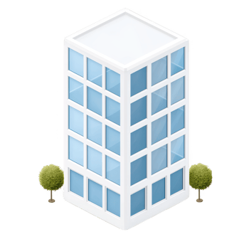 Modern office building with a sleek design, featuring large windows, surrounded by small trees. Ideal for urban development themes. png