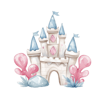 Whimsical watercolor castle illustration with colorful towers, surrounded by playful corals and stones on a transparent background. Perfect for children's designs. png