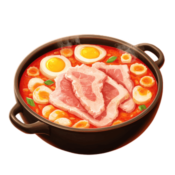 Delicious hot pot filled with tender slices of meat, eggs, and vegetables in a rich broth, perfect for sharing and enjoying with friends or family. png