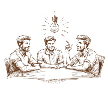 Three people engaged in a brainstorming session around a table, with a light bulb above, symbolizing creativity and collaboration. png