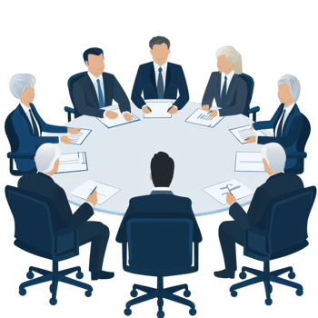 Business meeting illustration featuring diverse professionals seated around a round table engaging in a discussion, with documents and pens visible. png