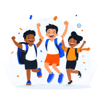 Three cheerful children celebrating with backpacks, expressing joy and excitement. Ideal for education or childhood themes. png