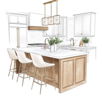 Modern kitchen interior design featuring clean lines, an island with seating, elegant fixtures, and natural wood accents, all set against a bright, inviting atmosphere. png